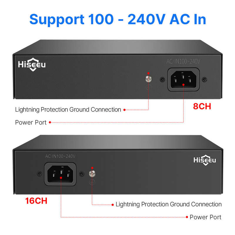 Hiseeu 48V 8/16CH POE Ports Switch Ethernet 10/100Mbps IEEE 802.3 af at for IP Camera CCTV Security