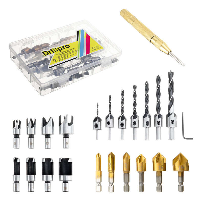Drillpro 23pcs Woodworking Chamfering Countersunk Drill Bit Set 5 Flute Chamfering Drill Wood Plug C