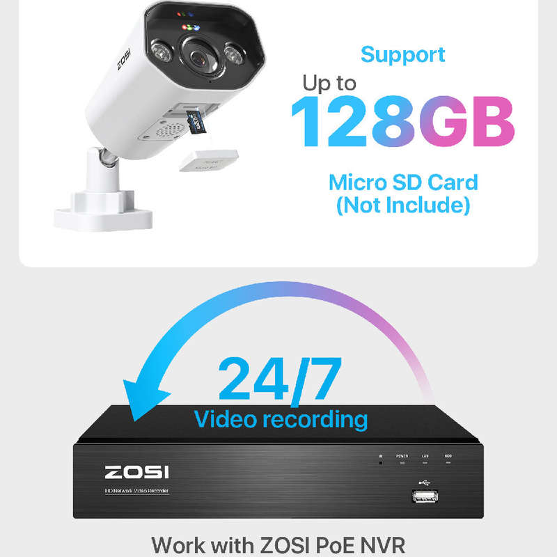 ZOSI 5MP IP Camera Add-on Outdoor PoE Security Camera Two Way Audio HDR Color Night Vision Home CCTV
