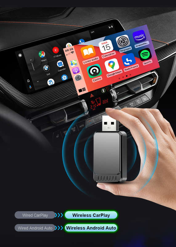 2-in-1 Wireless CarPlay Android Auto Box CP/AA Adapter 5G Wifi & BT 5.0 Support Mobile Phones Vehicl