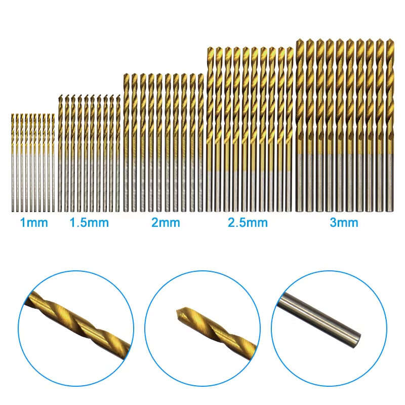 50PCS Titanium Plated Twist Drill Set 1-3mm Shank High Wear Resistance Small Drill Bits for Electric