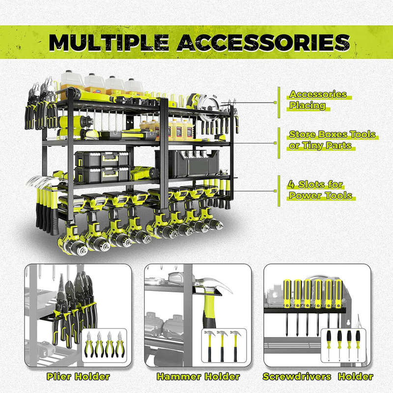 4 Layers Heavy Duty Iron Tool Storage Rack Wall Mount Organizer Battery Charging Station Drill Slots