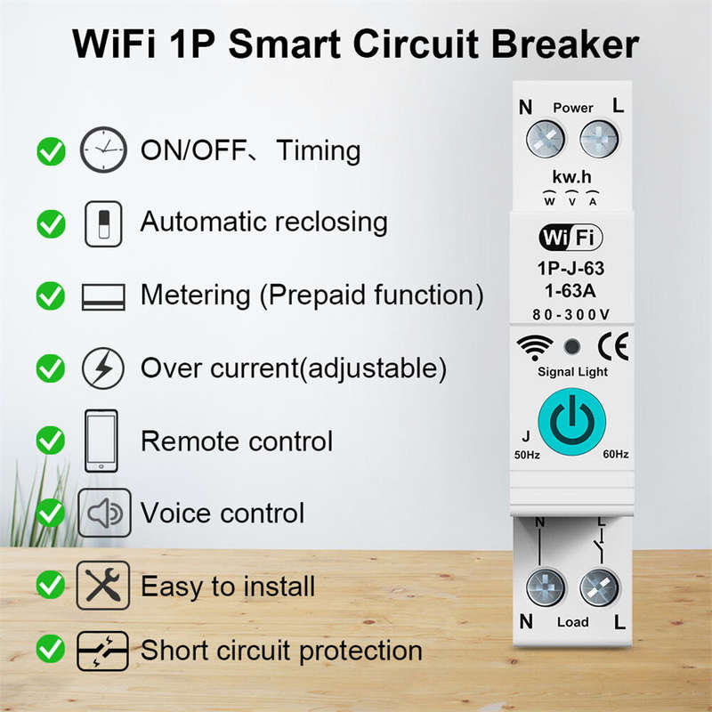 Smart WiFi Circuit Breaker with Remote Control Voice Activation Adjustable Over Current Protection E