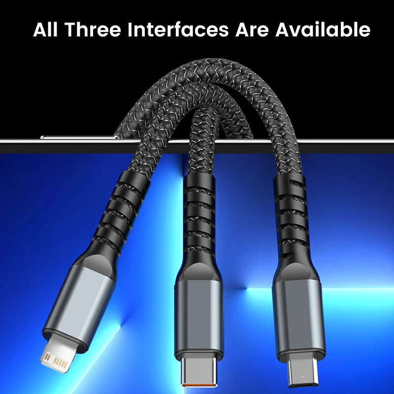 100W USB-A to Micro/Type-C/iP Cable with Night Light Fast Charging Copper Core Line 1.2M Long for iP