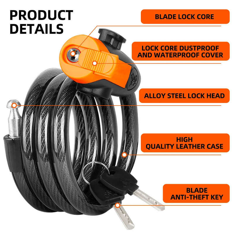 XANES Anti-thief Key Bike Lock 1.2m Length Steel Alloy Tough Protection Waterproof Portable Bicycle