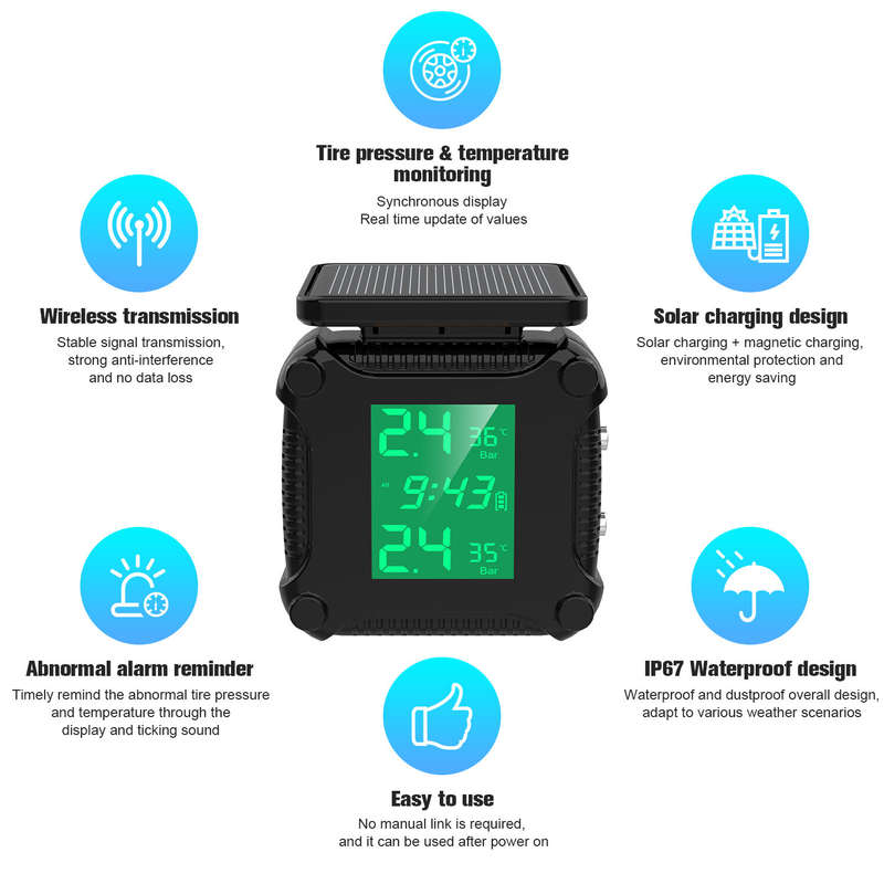 Motorcycle Solar Charge Tyre Temperature Alarm Sensor Tire Pressure Monitoring System Colorful Displ