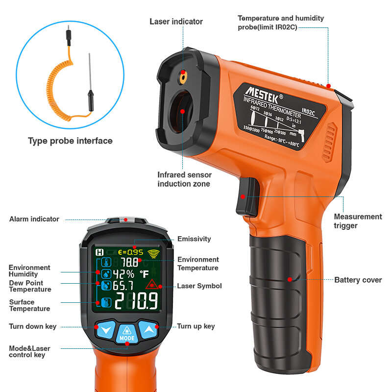 MESTEK Advanced Infrared Thermometer IRO2C Wide Temperature Range (-50C to 800C) Adjustable Emissivi