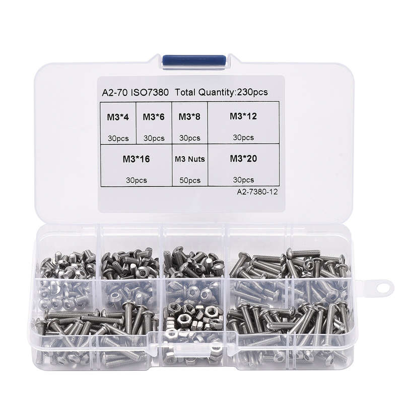 230pcs M3 304 Stainless Steel Allen Hex Drive Button Head Socket Cap Bolts Screws Nuts Assortment Ki