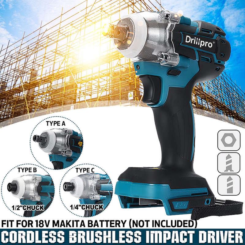Drillpro 18V 520N.m Cordless Brushless Power Impact Drivers Electric Screwdriver Drill Stepless Spee