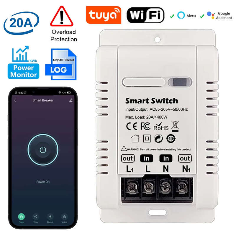 Tuya 20A WiFi Smart Switch Circuit Breaker APP Control Power Monitor Overload Protection Works with