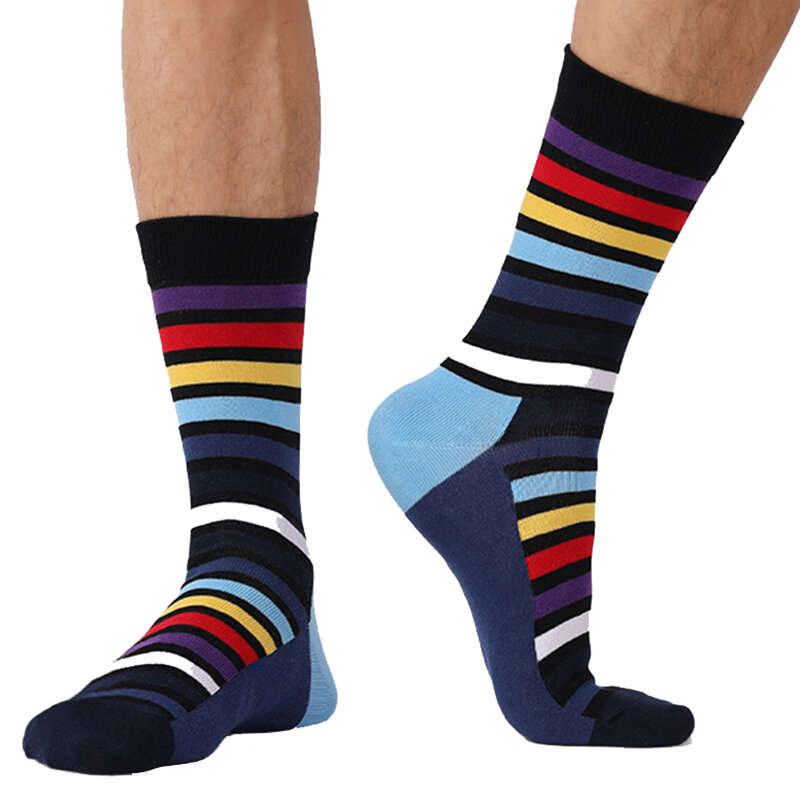 5 Pairs Men's Cotton Stripe Socks Funny Crew Bright Color Block Personality Mid Long Tube Skateboard