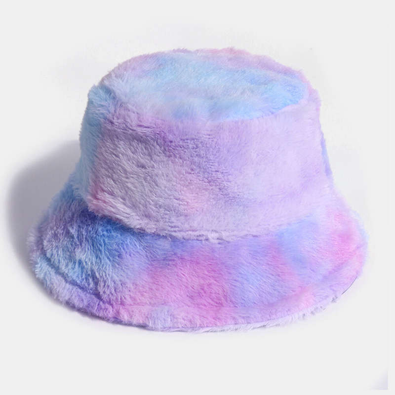 Unisex Rabbit Hair Color Gradient Rainbow Plush Warm All-match Casual Outdoor Bucket Hat