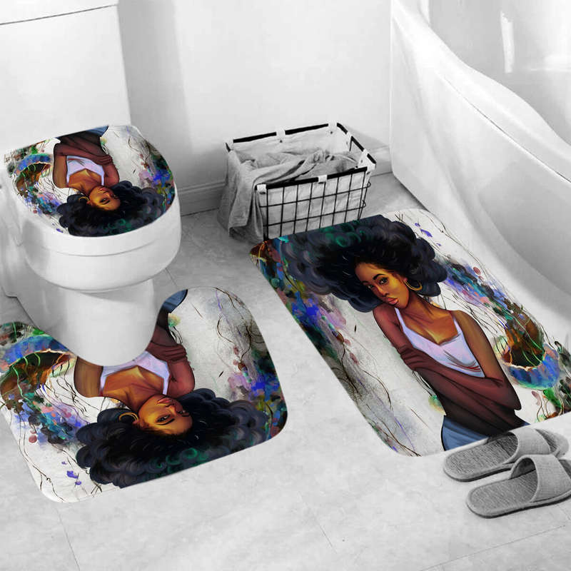 African Girl Shower Curtain Fabric Bathroom Curtains Set Non-slip Bath Mat Toilet Pad Carpet for Bat