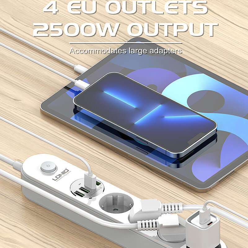 LDNIO SE4432 2500W Power Strip with 4 Outlets+4 USB-A Extension Socket EU Plug 10A for Phone Tablet