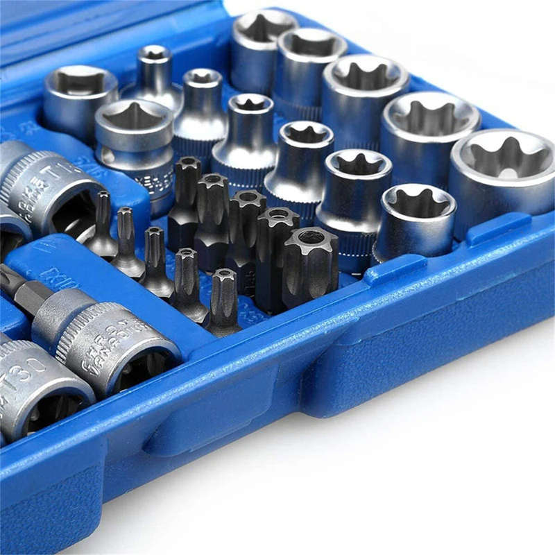 34PCS Torx Bit Socket and E-Torx Star Socket Set 1/4 3/8 1/2 Drive Chrome Vanadium Steel with Storag