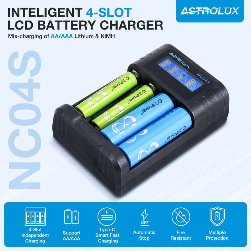 Astrolux NC04S Inteligent 4-Slot LCD Battery Charger Mix-charging of AA/AAA Lithium & NiMH Btteries
