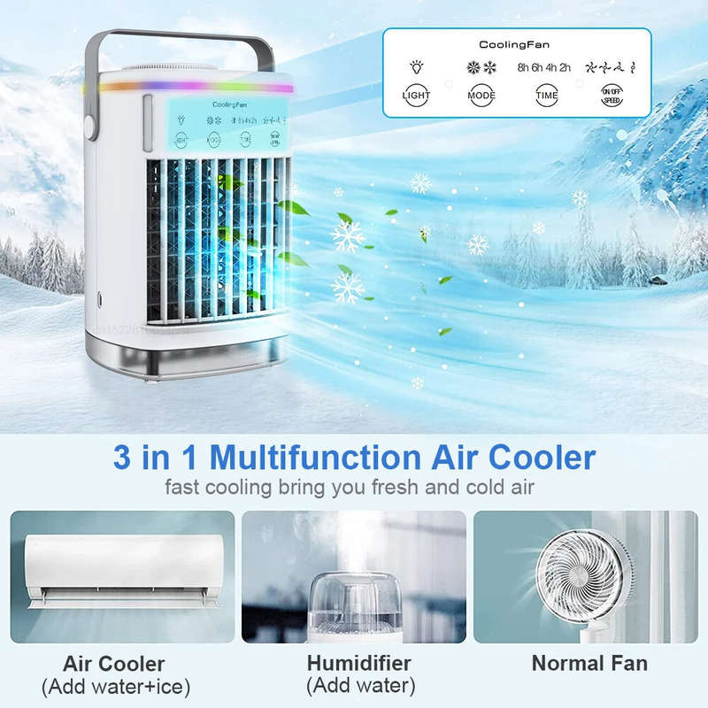 Mini Air Conditioner 700ml High-Capacity USB Cooling Fan with Four-Speed Wind Setting Mood Lighting