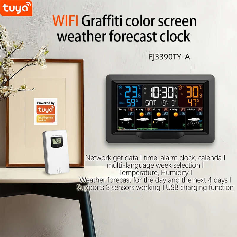 Tuya WIFI Smart Weather Station Color Screen APP Control Weather Alarm Clock Indoor and Outdoor Temp