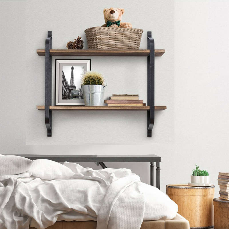 2 Tiers Wall Mounted Storage Rack Wall Hanging Wood Shelves Holder Organizer Bookshelf Display Stand