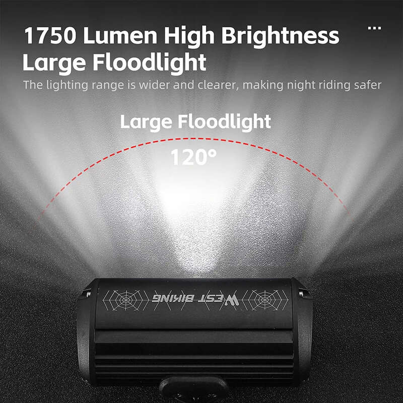 WEST BIKING 1750Lm Super Brightness Bike Headlights 4000mAh Battery Waterproof 4 Light Modes Type-C