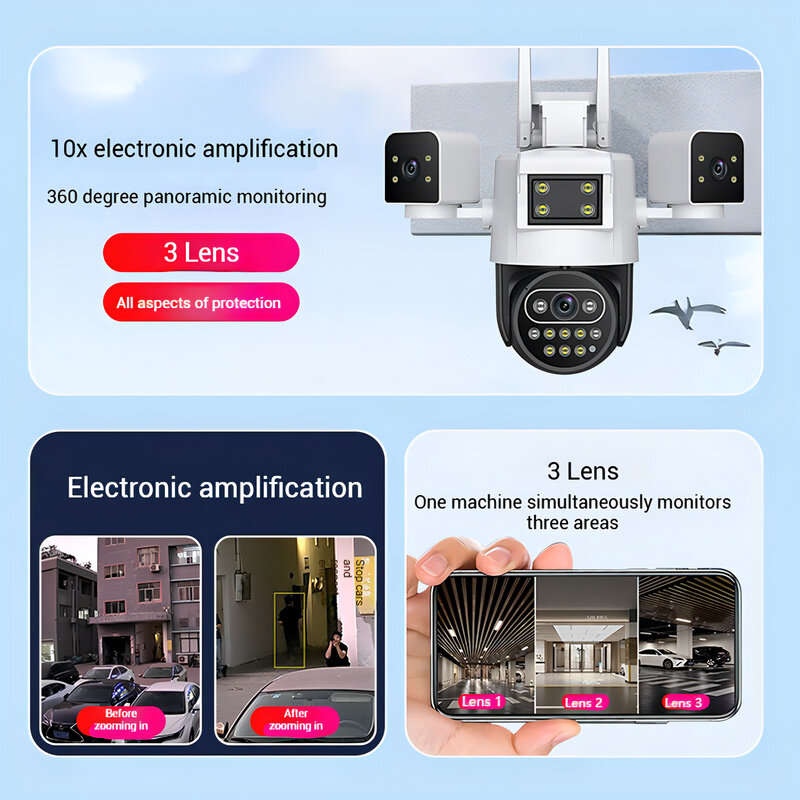 6MP WIFI IP Camera Triple Lens and View 360-Degree Panorama Night Vision Two-Way Audio Motion Detect