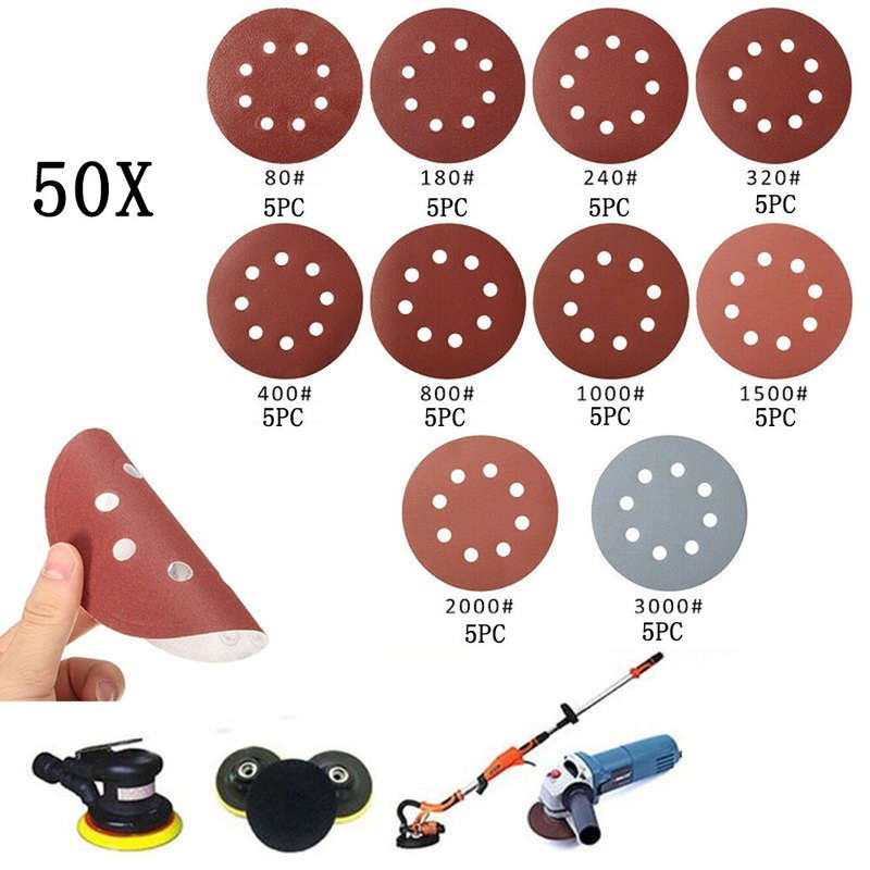 50PC 5 Inch 125mm 8 Holes Abrasive Sand Discs 80 180 240 320 400 800 1000 1500 2000 3000 Grit Sandin