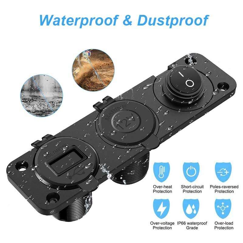 12V 3 in 1 Car Charger Socket Waterproof Dual USB QC3.0 Outlet Panel Toggle Switch Voltmeter for RV