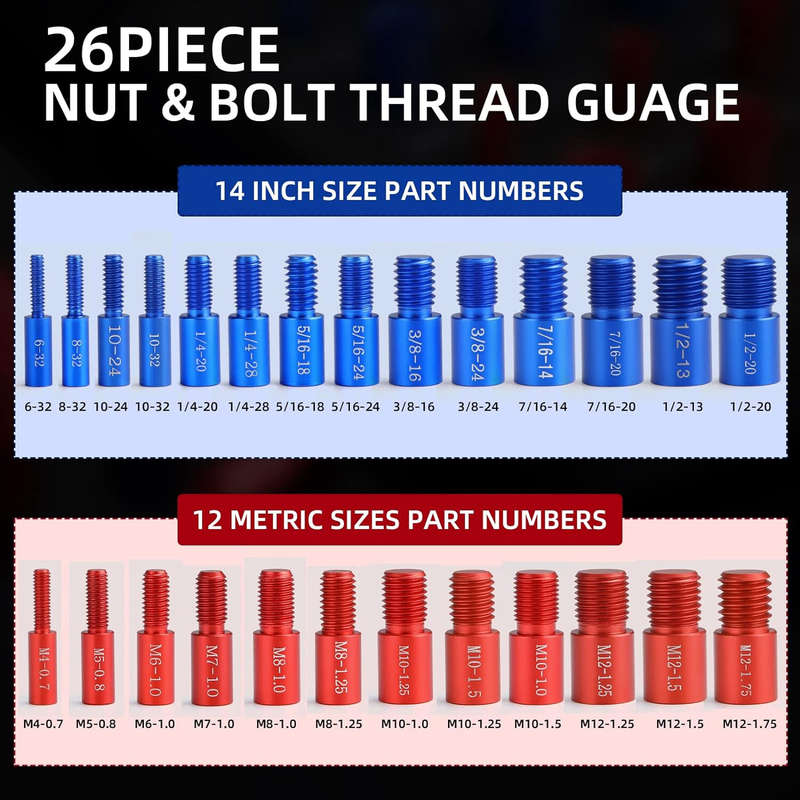 26PCS Nut and Bolt Thread Checker Nut and Bolt Size Gauge 14 Inch and 12 Metric New Individually Ass