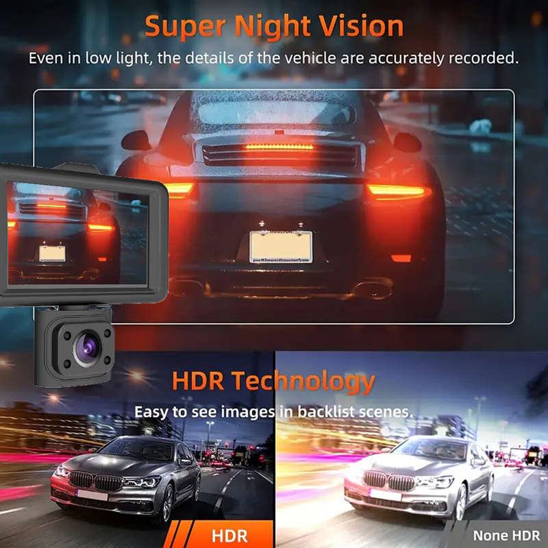 1080P 3 Channel Car Dash Cam 3-inch IPS Screen Three Lens Car 170 HD Record Front/Interior/Rear View