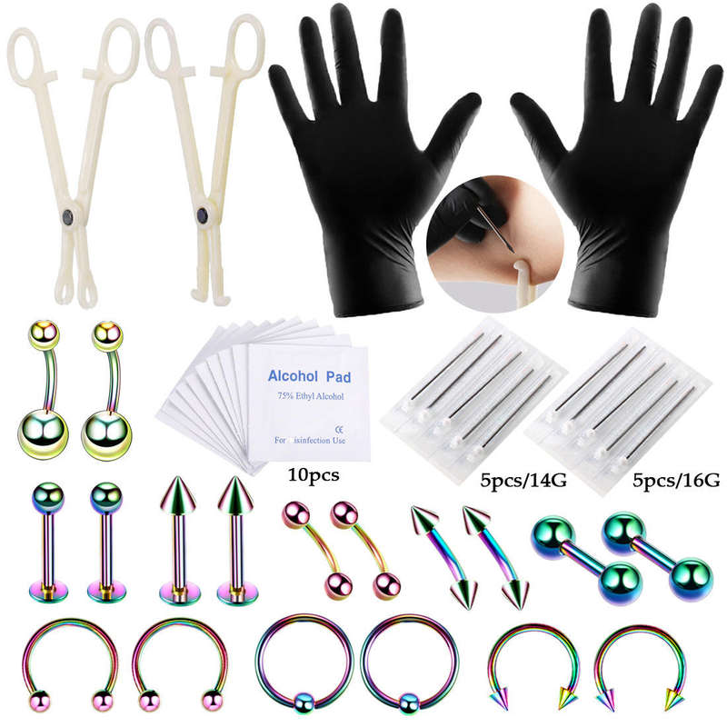 (Color. Colorful)42PCS Professional Body Piercing Tool Kit Ear Nose Navel Nipple Needle Set...