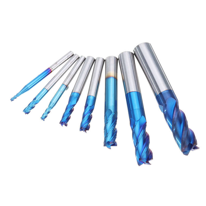 Drillpro 8Pcs Blue Naco 2-12mm 4 Flutes Carbide End Mill Set HRC50 Tungsten Steel Milling Cutter Too
