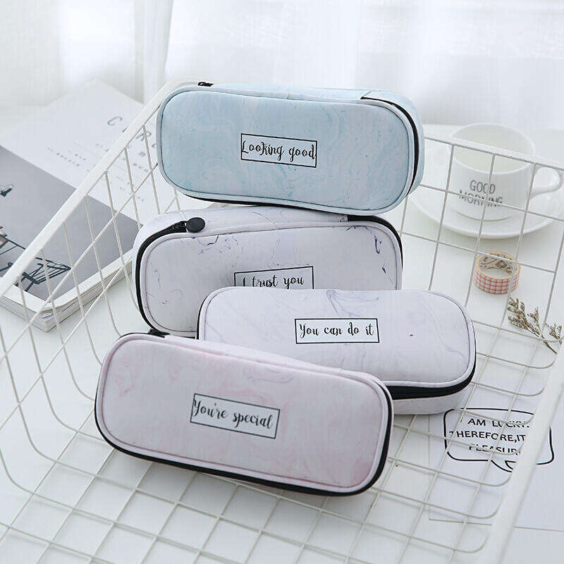 QSND 1 Piece Cute Marble Pattern Pencil Bag Box PU Leather Pencil Case Waterproof Stationery Pouch O