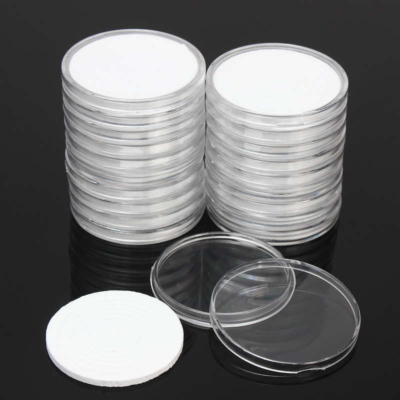 20Pcs Plastic Round Coin Holder Portable Storage Case Boxes Container 5 Size Pad