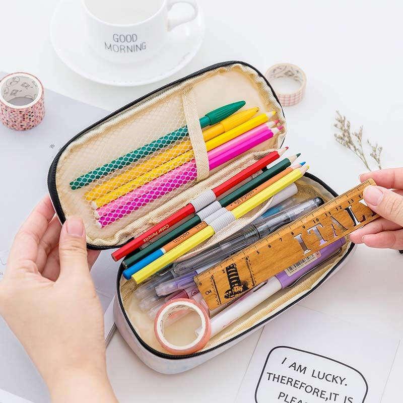QSND 1 Piece Cute Marble Pattern Pencil Bag Box PU Leather Pencil Case Waterproof Stationery Pouch O