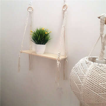 Wooden Bohemian Sling Rack Storage Rack Woven Rope Plant Rack Home DIY Decoration for Home Storage