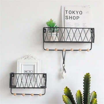 Bakeey Iron Wall Shelf Rack With Wood Floating Wall Mount Shelves For P... (COLOR.: BLACK | SIZE: L)