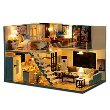 Loft Apartments Miniature Dollhouse Wooden Doll House Furniture LED Kit Christmas Birthday Gifts
