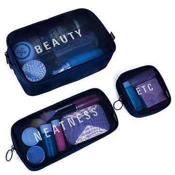 Nylon S/M/L Travel Women Cosmetic Bag Portable Makeup Bag Mesh Case ... (SIZE: L | COLOR.: NAVYBLUE)
