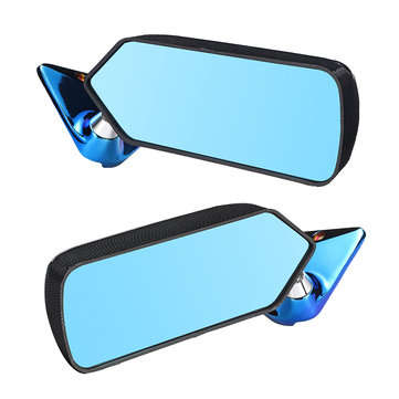 Pair Universal F1 Style Car Side Mirror Carbon Fiber Look Metal Bracket Cover with Blue Mirror Set