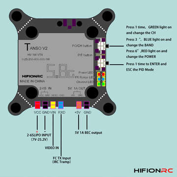 HIFION RC TANSO V2 Racing 5.8GHz VTX 40CH 0/25/200/400/800/1000mW Switchable FPV Transmitter VTX ant
