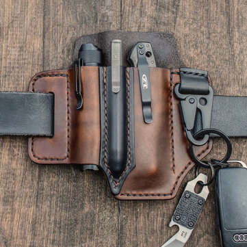Men EDC Genuine Leather Multitool Flashlight Key Pen Organizer Gear Waist Belt Bag (COLOR: COFFEE)