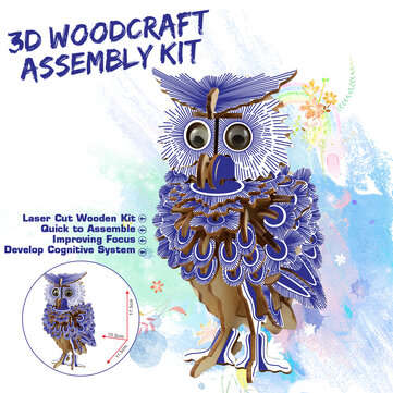 3D Woodcraft Assembly Kit Blue Owl With Eyes For Children Toys