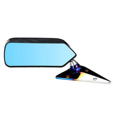 Pair Universal F1 Style Car Side Mirror Carbon Fiber Look Metal Bracket Cover with Blue Mirror Set