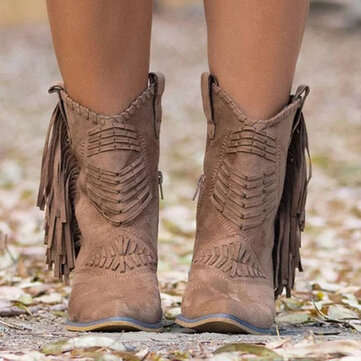 Plus Size Women Tassel Side Zipper Chunky Heel Mid-calf Cowboy Boots (size: 8 | Shoe Color: Khaki)