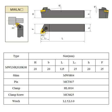 MWLNR2020K08 20 x125mm Index External Lathe Turning Tool Holder With 2pcs Wrench