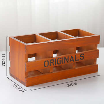 Zakka Retro Wooden Storage Box Desktop Cosmetic Makeup Organizer 3 Grids Pen Hold... (COLOR.: BROWN)