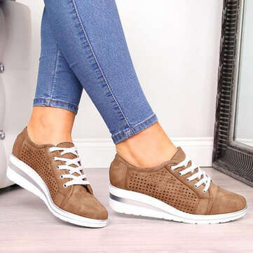 Large Size Women Casual Solid Color Round Toe Lace Up Wedges Loafers (SIZE: 8 | SHOE COLOR: BROWN)
