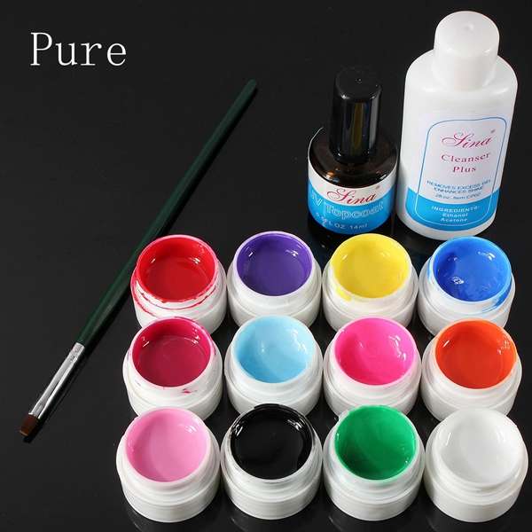 12 Color UV Gel Cleanser Plus Top Coat Brush Nail Art Set