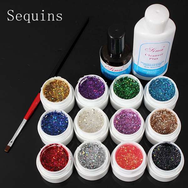 12 Color UV Gel Cleanser Plus Top Coat Brush Nail Art Set
