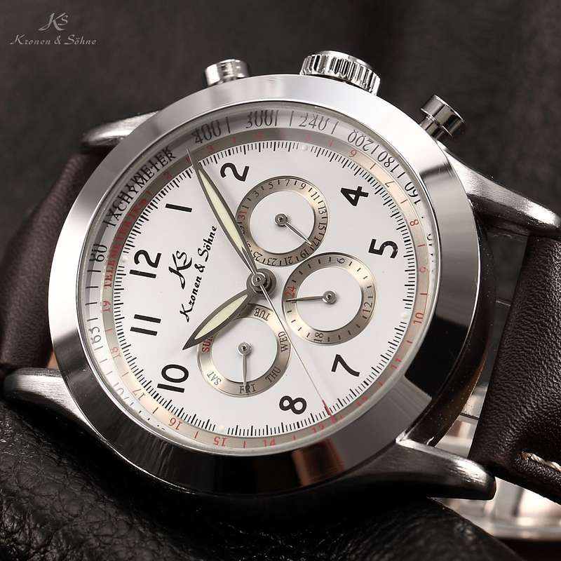 KRONEN & SOHNE Classic Brown/White Navigator Automatic Watch Brand new w/ BOX, PAPERS